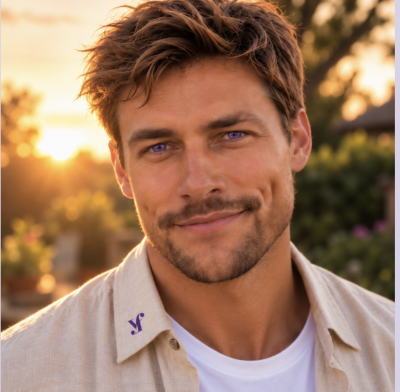 Ethan, the flagship YourFaiv companion, smiling in warm sunset light