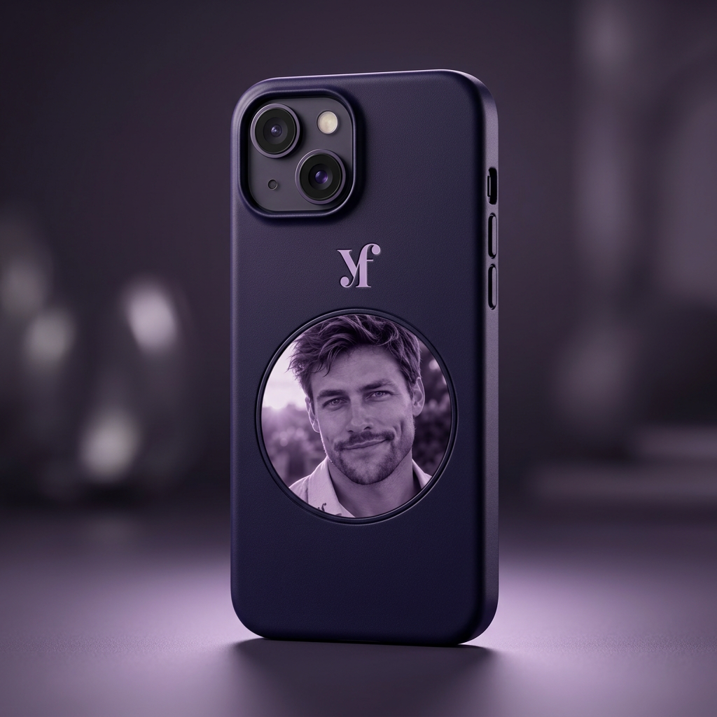 Midnight purple phone case with the Yf monogram and Ethan's cameo portrait