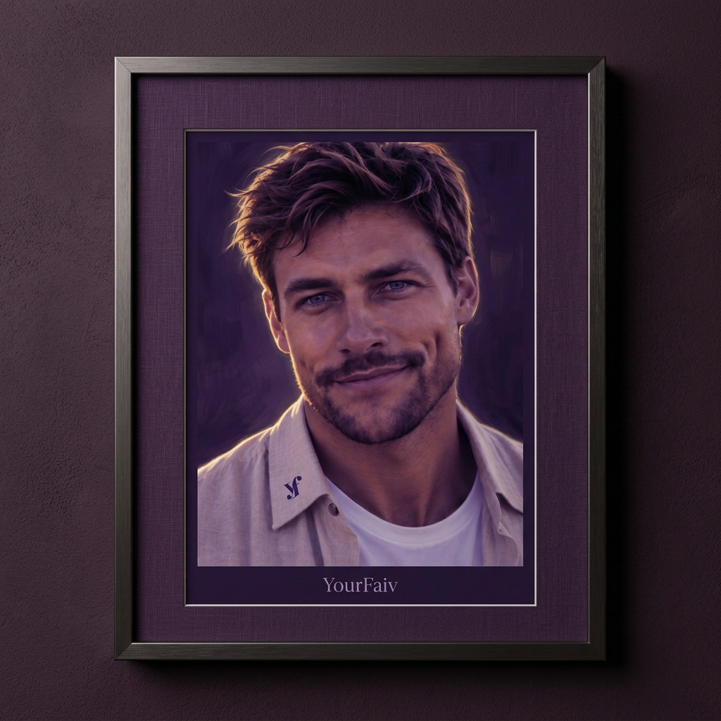 Purple-toned portrait poster of Ethan in a dark frame