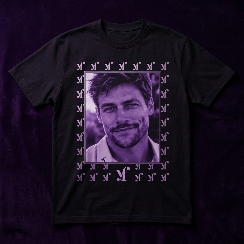 Black tee with a purple portrait print of Ethan framed by Yf monograms